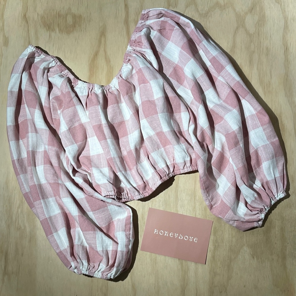 Honeydove Vintage Linen Puff Top Long Sleeve Pink Gingham Size Large